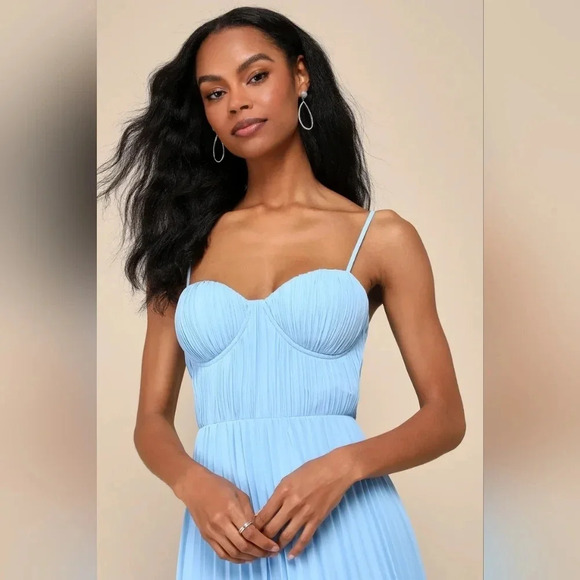 Lulus Admirable Elegance Light Blue Pleated Bustier Maxi Dress Wedding Party - Picture 4 of 10